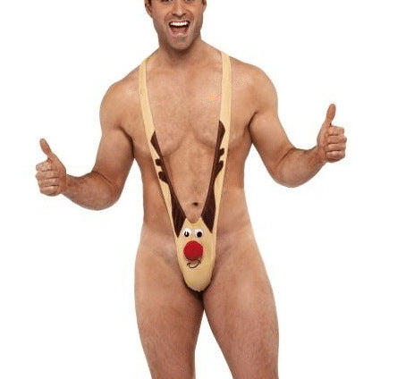 Herren  frecher Rentier Mankini Badeanzug Kostüm mit elastischem Stretch-Slip Drune