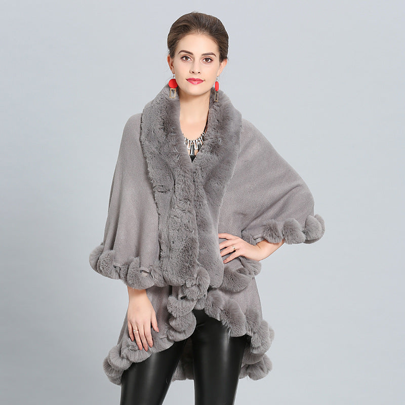 Damen Kapuzenponcho mit luxuriösem Fellkragen und eleganter Umrandung Drune