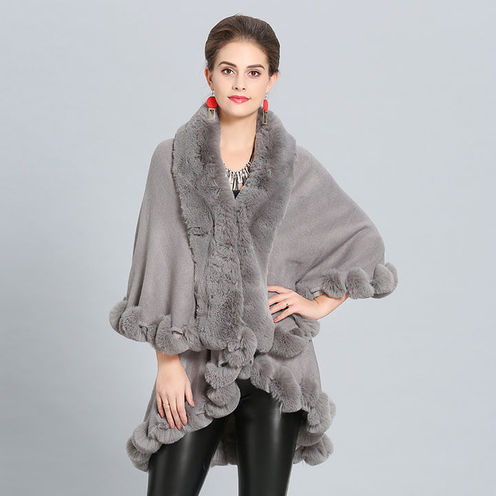 Damen Kapuzenponcho mit luxuriösem Fellkragen und eleganter Umrandung Drune