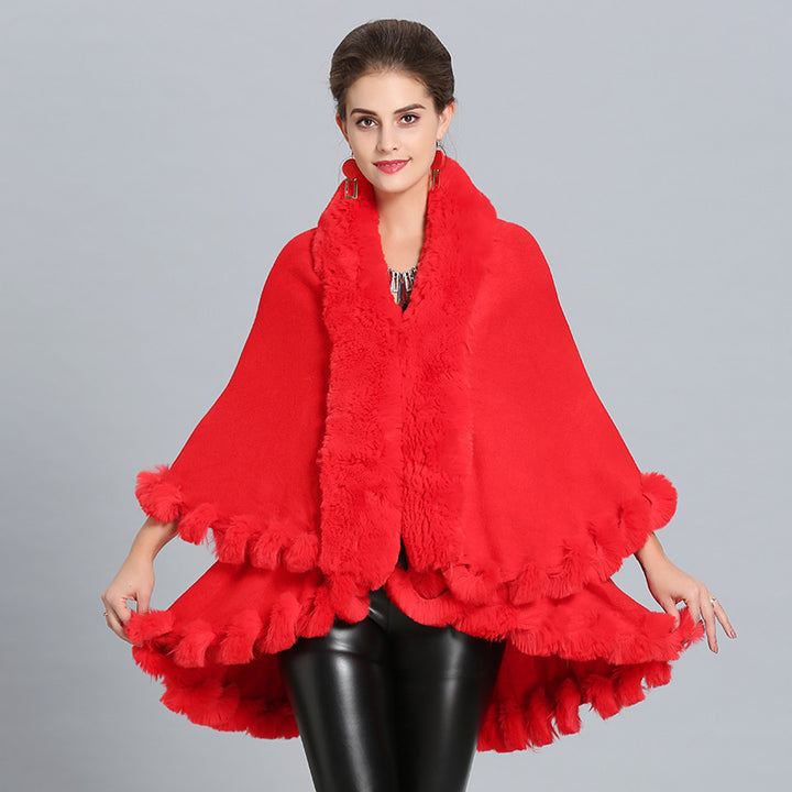 Damen Kapuzenponcho mit luxuriösem Fellkragen und eleganter Umrandung Drune