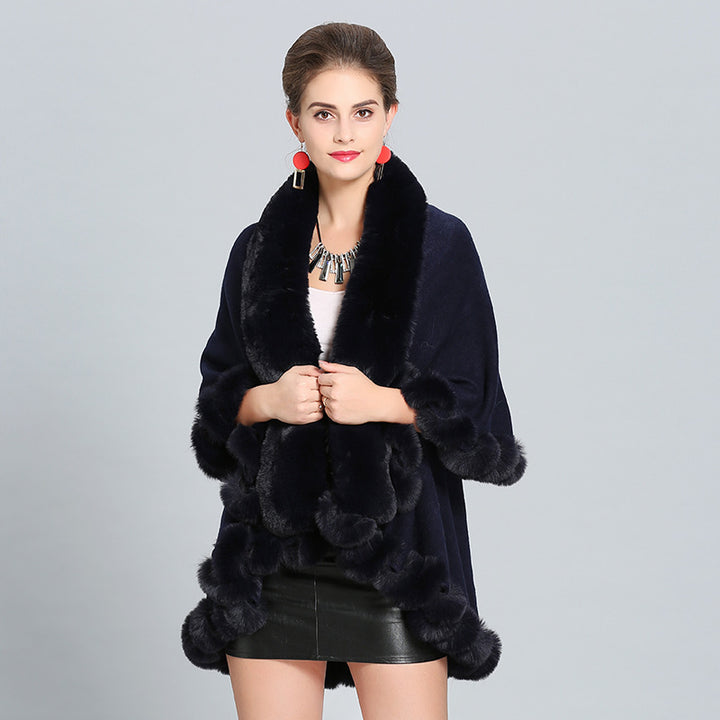 Damen Kapuzenponcho mit luxuriösem Fellkragen und eleganter Umrandung Drune