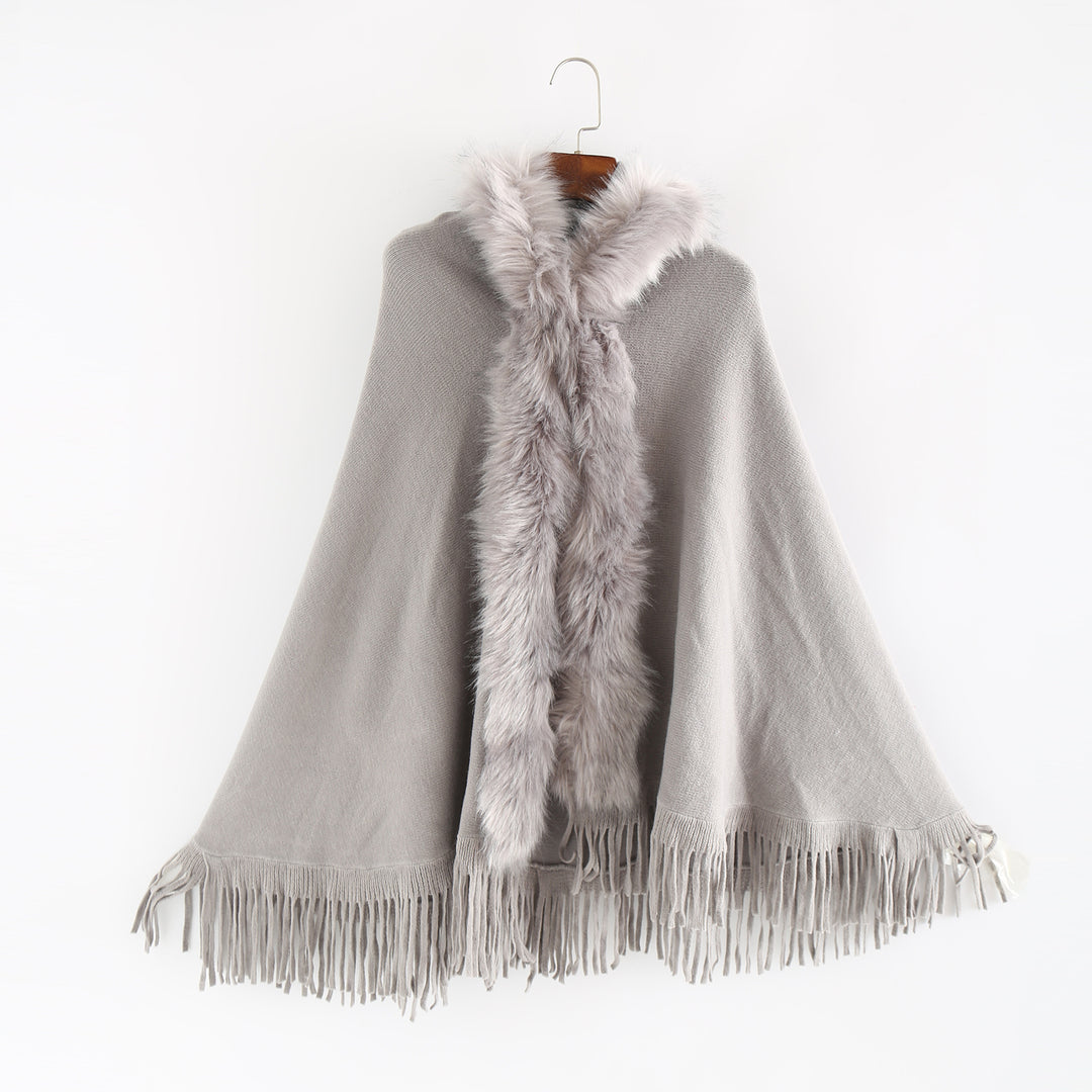 Damen Eleganter Wollmix-Umhangponcho mit abnehmbarem Kunstfellbesatz und Fransensaum Drune