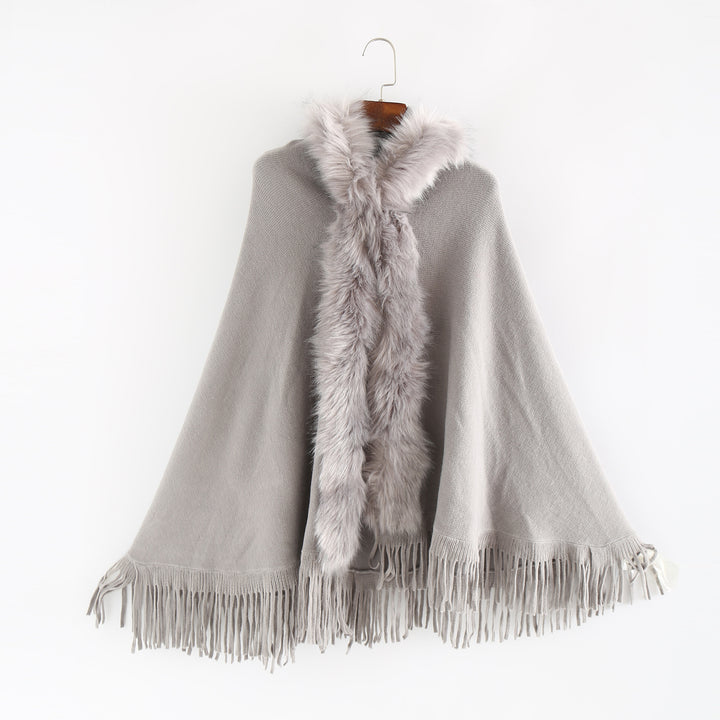 Damen Eleganter Wollmix-Umhangponcho mit abnehmbarem Kunstfellbesatz und Fransensaum Drune