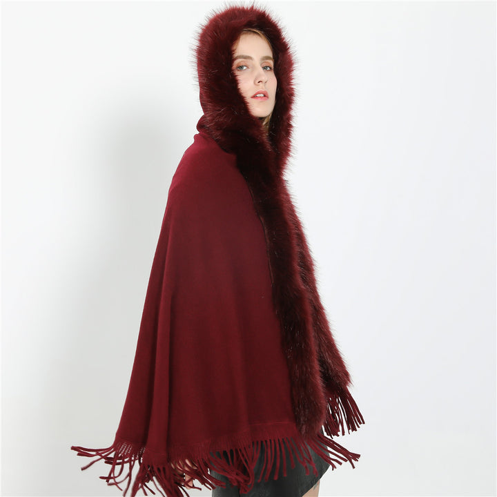 Damen Eleganter Wollmix-Umhangponcho mit abnehmbarem Kunstfellbesatz und Fransensaum Drune