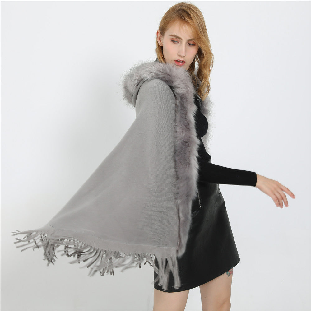Damen Eleganter Wollmix-Umhangponcho mit abnehmbarem Kunstfellbesatz und Fransensaum Drune