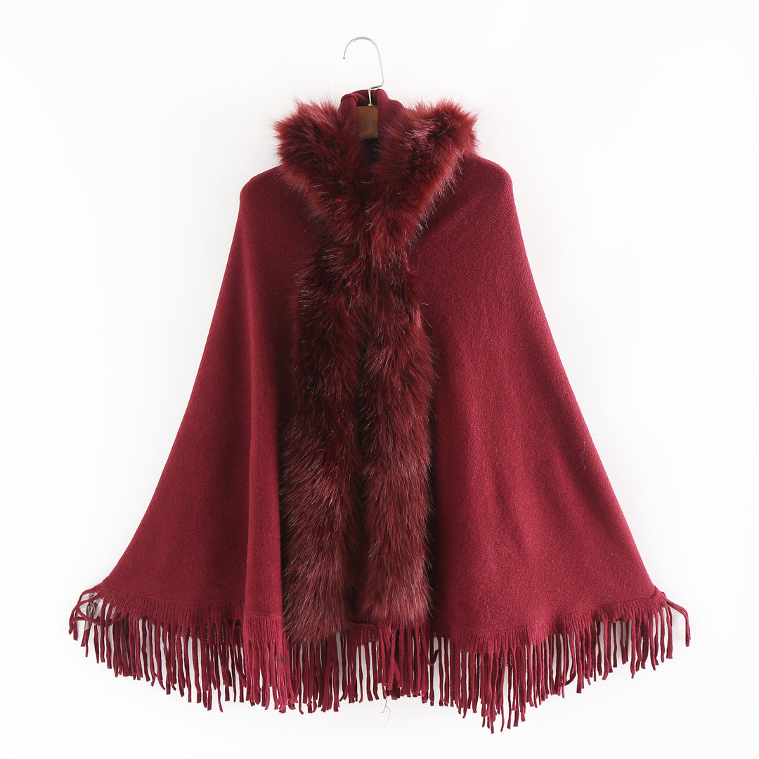 Damen Eleganter Wollmix-Umhangponcho mit abnehmbarem Kunstfellbesatz und Fransensaum Drune