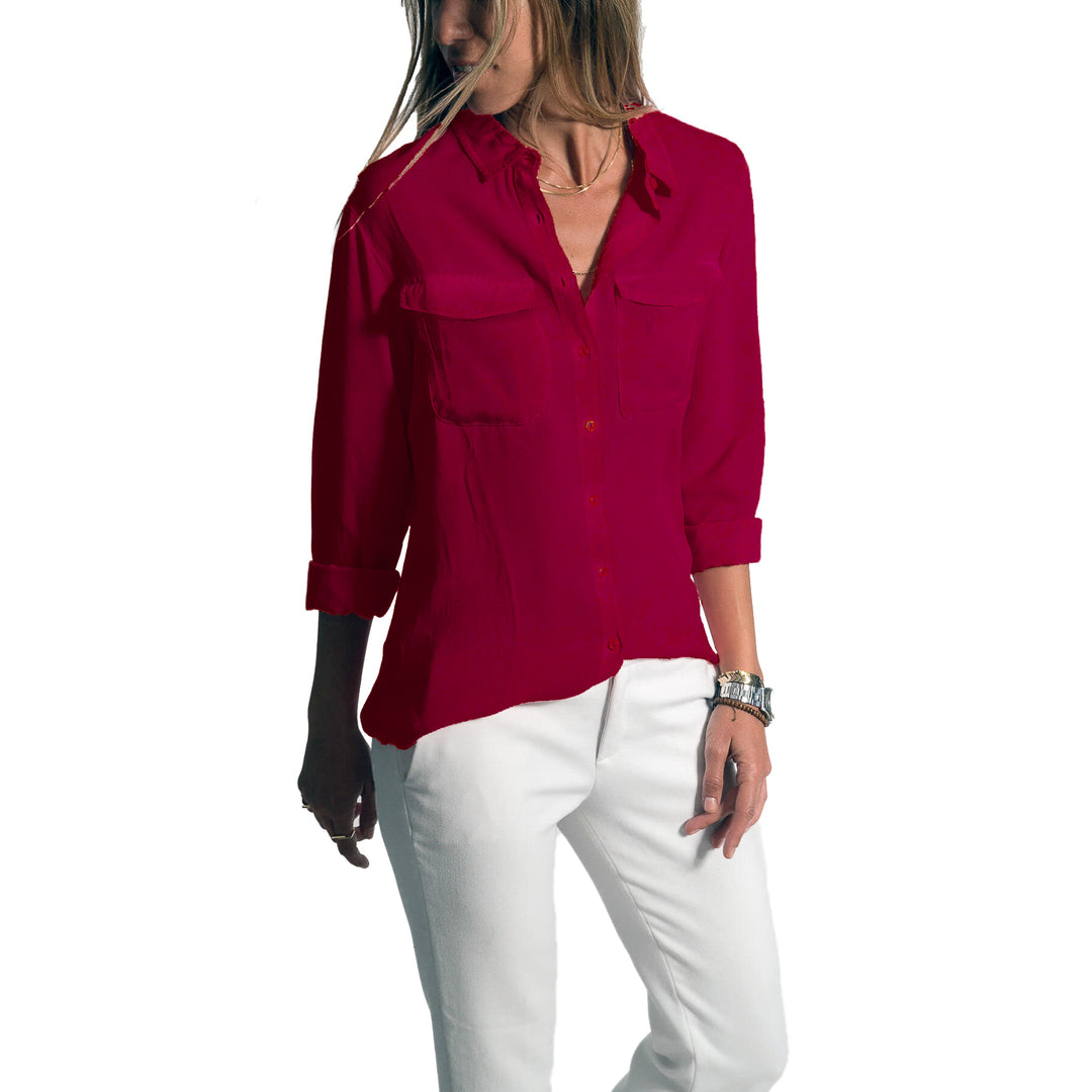 Damen Leichtes Hemd Bluse mit Brusttaschen und Lockerer Passform Drune