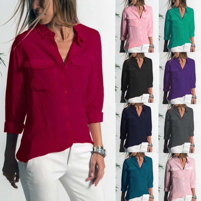 Damen Leichtes Hemd Bluse mit Brusttaschen und Lockerer Passform Drune