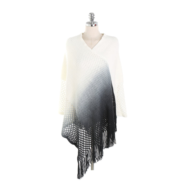Damen Oversize-Strickruana mit Farbverlauf, Lochspitzen und Fransen Drune