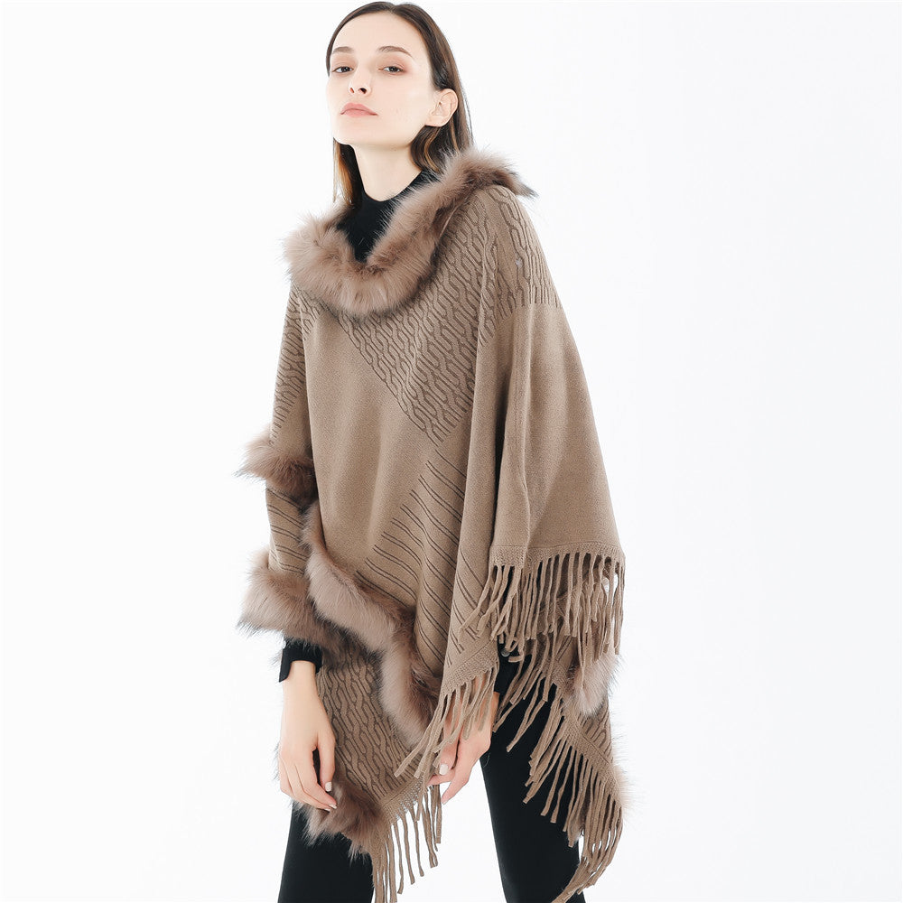 Damen Kuscheliger Wollmix‑Poncho mit Kunstfellbesatz und Fransen Drune