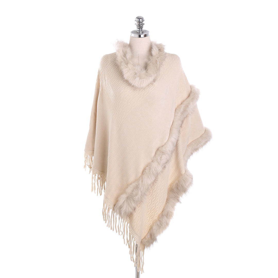 Damen Kuscheliger Wollmix‑Poncho mit Kunstfellbesatz und Fransen Drune