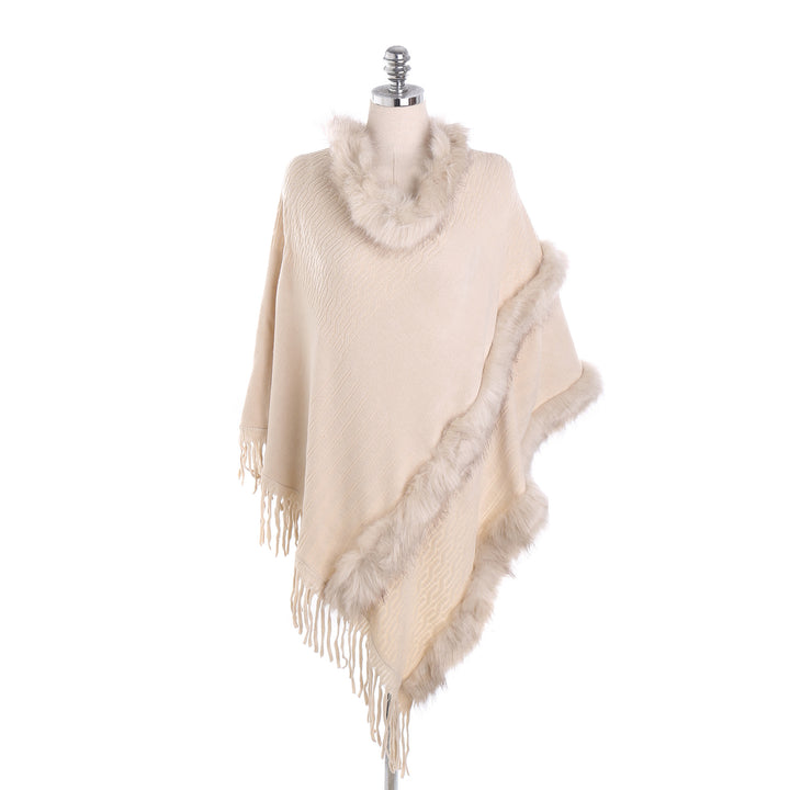 Damen Kuscheliger Wollmix‑Poncho mit Kunstfellbesatz und Fransen Drune