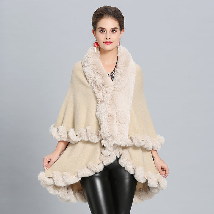 Damen Kapuzenponcho mit luxuriösem Fellkragen und eleganter Umrandung Drune
