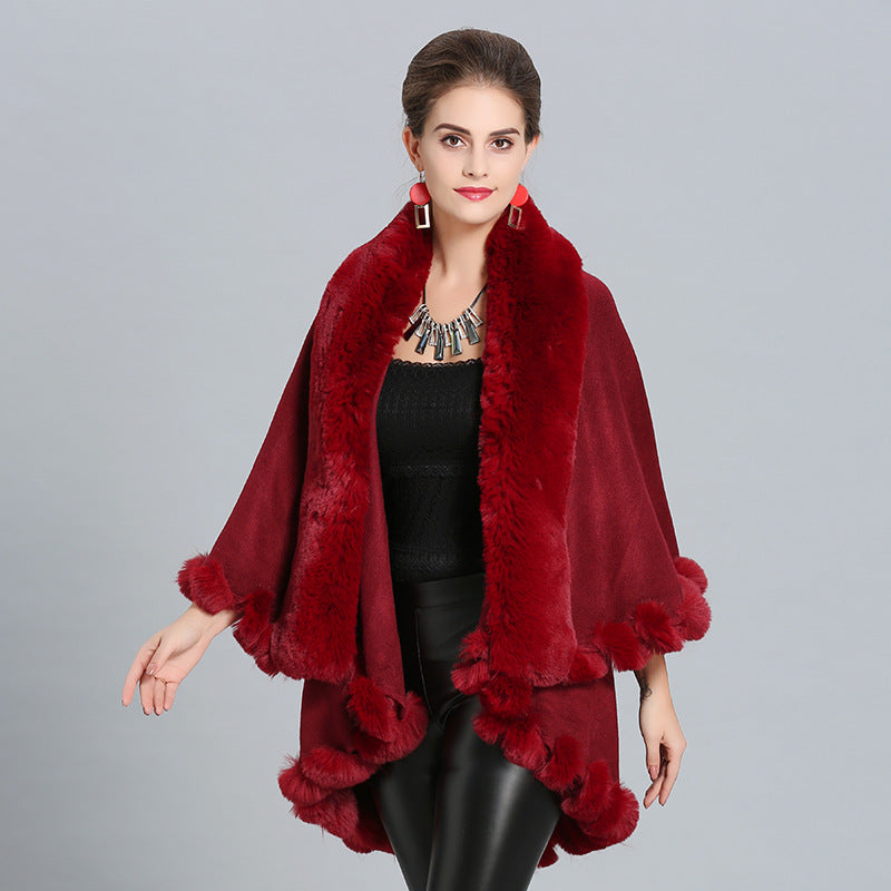 Damen Kapuzenponcho mit luxuriösem Fellkragen und eleganter Umrandung Drune