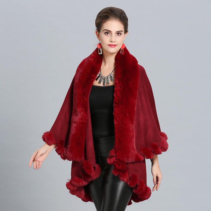 Damen Kapuzenponcho mit luxuriösem Fellkragen und eleganter Umrandung Drune