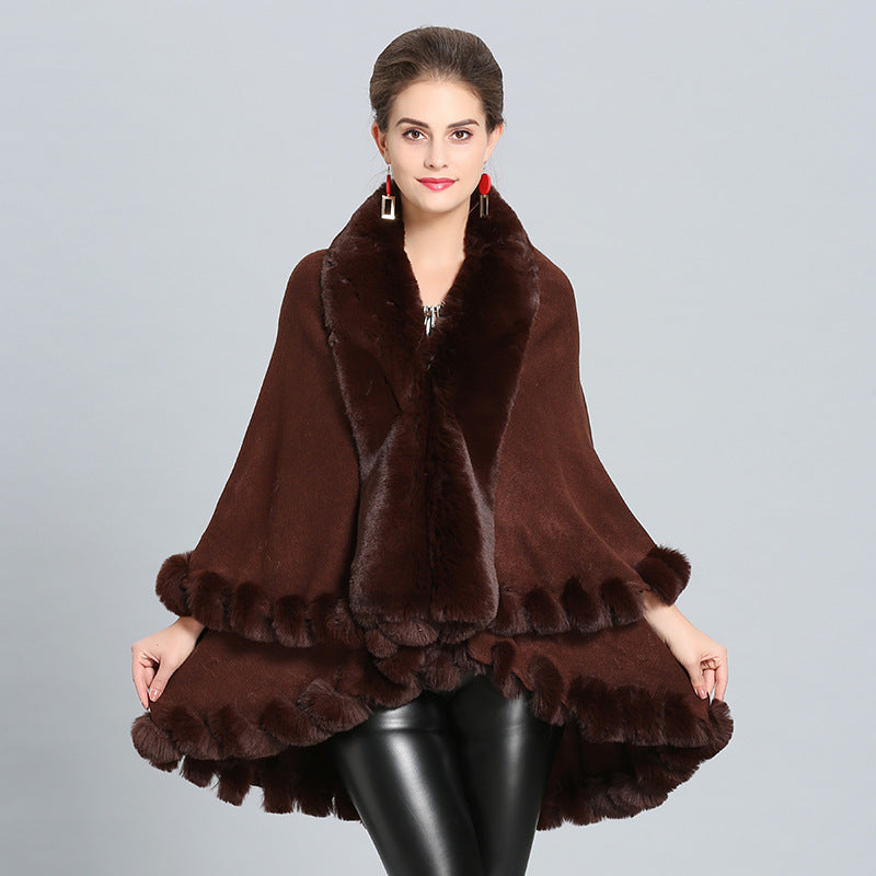 Damen Kapuzenponcho mit luxuriösem Fellkragen und eleganter Umrandung Drune
