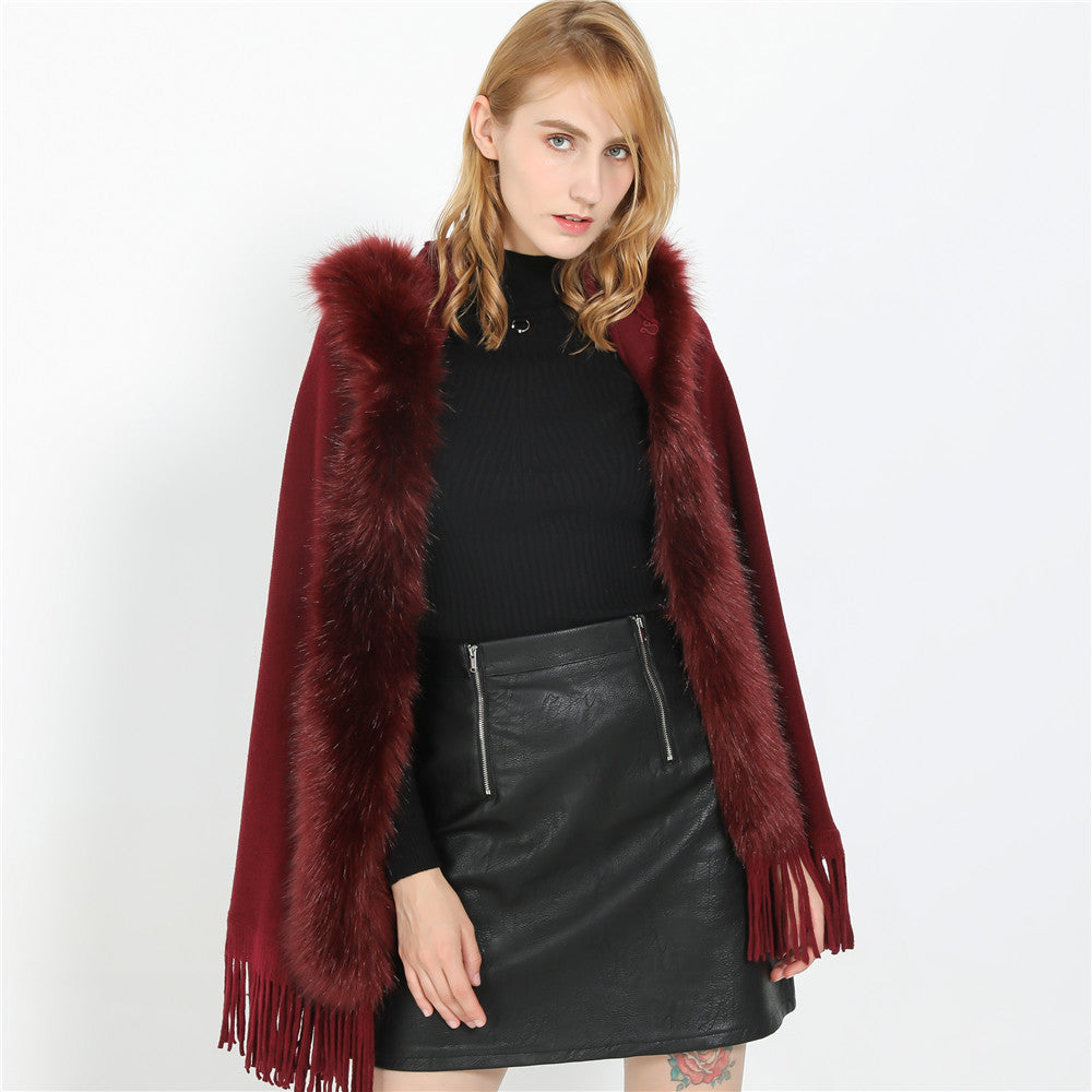 Damen Eleganter Wollmix-Umhangponcho mit abnehmbarem Kunstfellbesatz und Fransensaum Drune