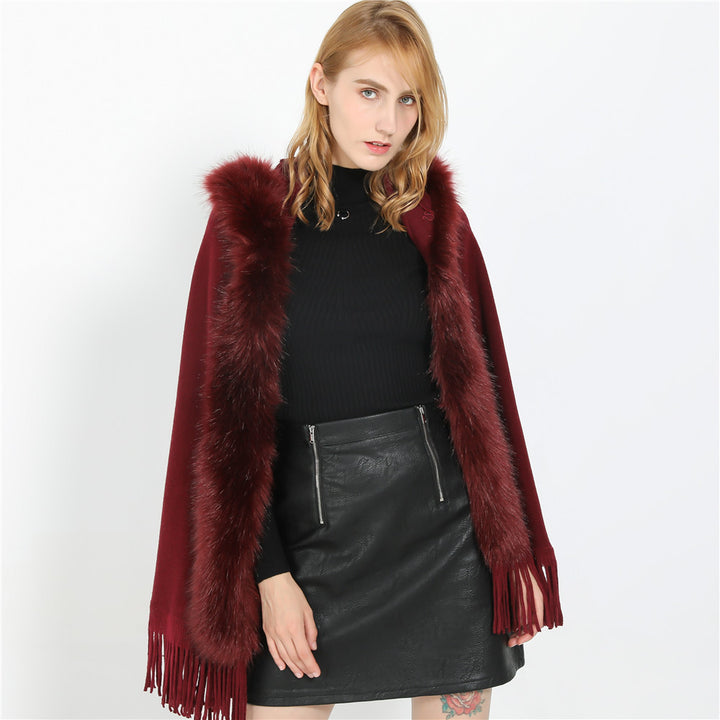 Damen Eleganter Wollmix-Umhangponcho mit abnehmbarem Kunstfellbesatz und Fransensaum Drune