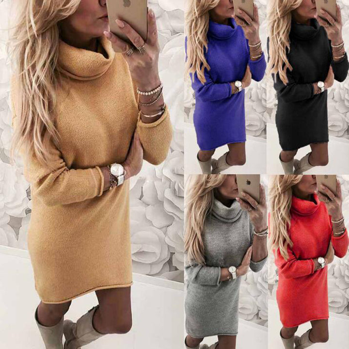 Damen Gemütliches Rollkragen Mini Kleid aus Feinstrick mit Geradem Schnitt Drune