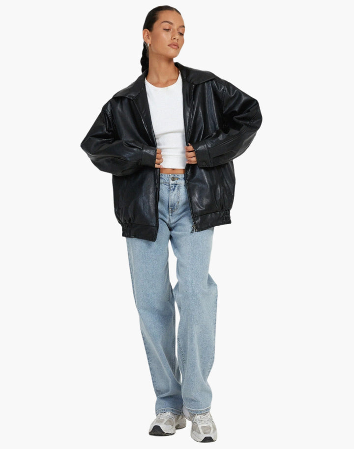 Drune | Übergroße Lederjacke Mit Langen Ärmeln Für Damen - Herbst
