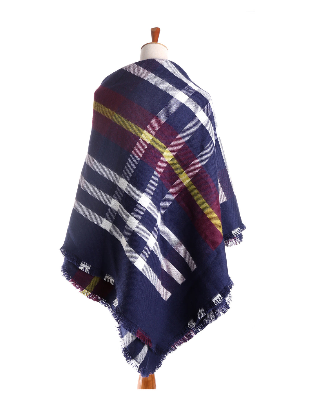Damen Karierter Capeponcho aus Wollmix mit Steckverschluss und Fransensaum Drune
