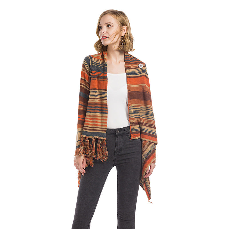 Damen modischer Poncho mit Fransen und geometrischem Muster Drune