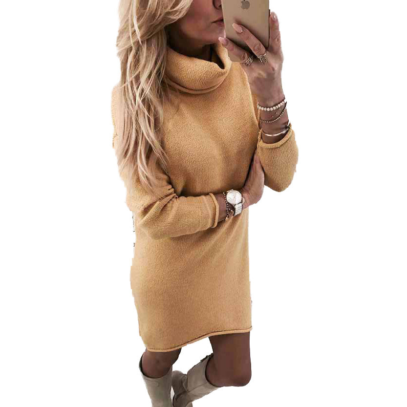 Damen Gemütliches Rollkragen Mini Kleid aus Feinstrick mit Geradem Schnitt Drune