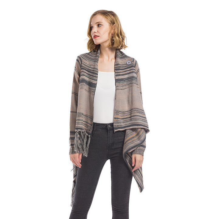 Damen modischer Poncho mit Fransen und geometrischem Muster Drune