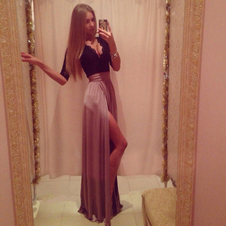 Damen Zweiteiliges Abendkleid mit Spitzen-Corsage, V-Ausschnitt & Maxirock mit hohem Beinschlitz Drune