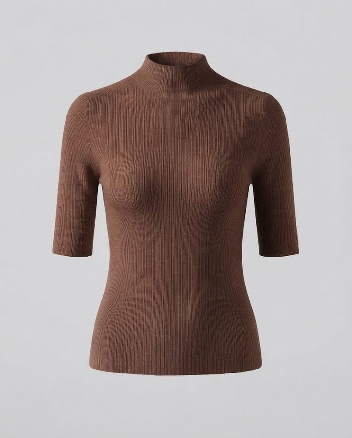 Damen Halbarm Feinstrickpullover mit kurzem Stehkragen und figurbetonter Passform Drune