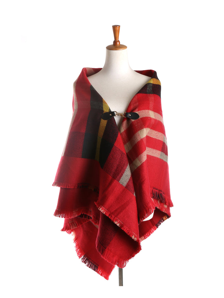 Damen Karierter Capeponcho aus Wollmix mit Steckverschluss und Fransensaum Drune