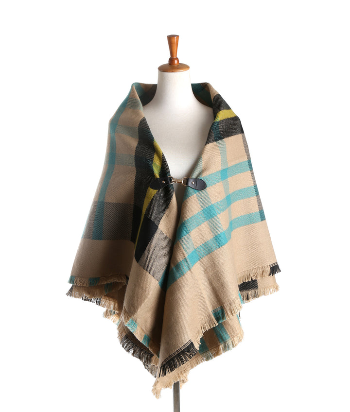 Damen Karierter Capeponcho aus Wollmix mit Steckverschluss und Fransensaum Drune