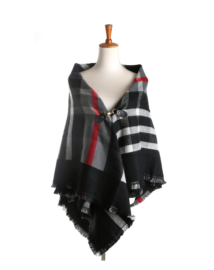 Damen Karierter Capeponcho aus Wollmix mit Steckverschluss und Fransensaum Drune