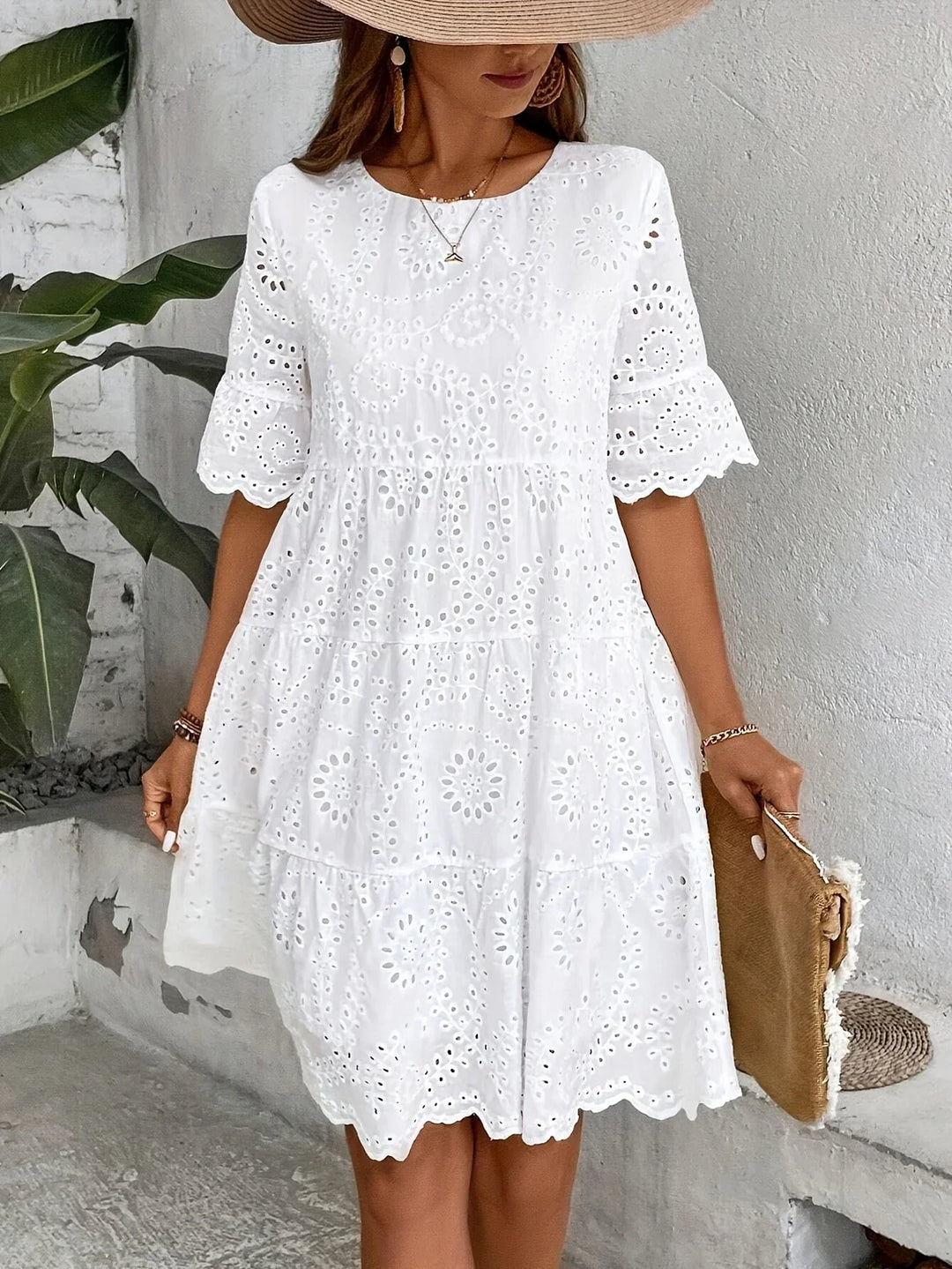 Drune | Weiße Spitzenkleid für Damen Leicht, Bestickt und Sommerlich