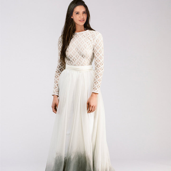 Damen Langärmeliges Spitzenabendkleid mit Tüll-Ombré-Rock Drune