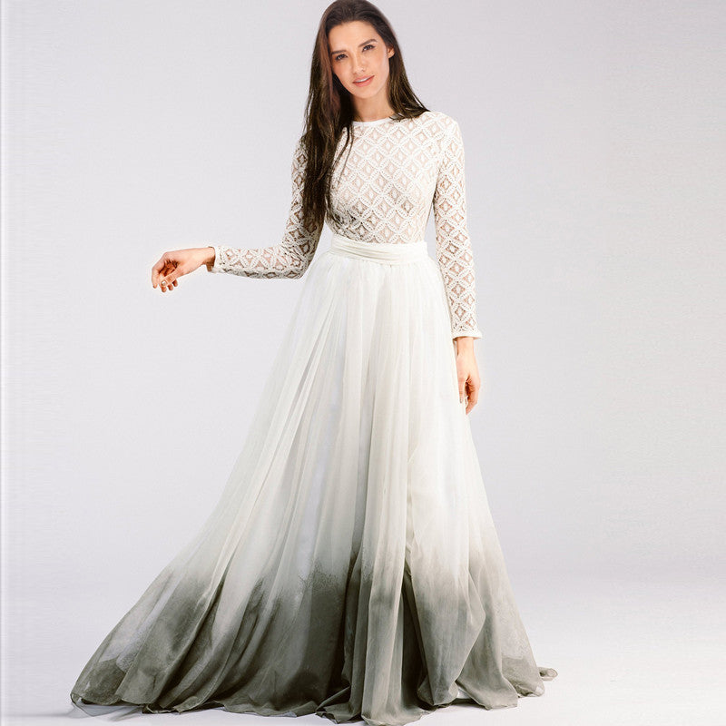 Damen Langärmeliges Spitzenabendkleid mit Tüll-Ombré-Rock Drune
