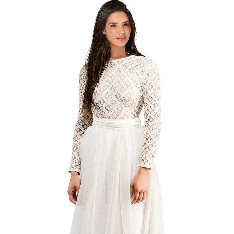 Damen Langärmeliges Spitzenabendkleid mit Tüll-Ombré-Rock Drune