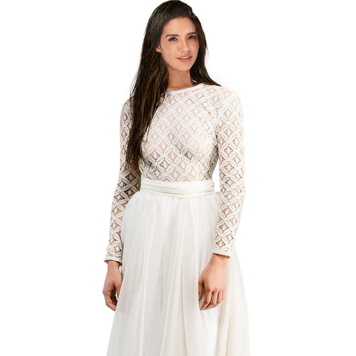 Damen Langärmeliges Spitzenabendkleid mit Tüll-Ombré-Rock Drune
