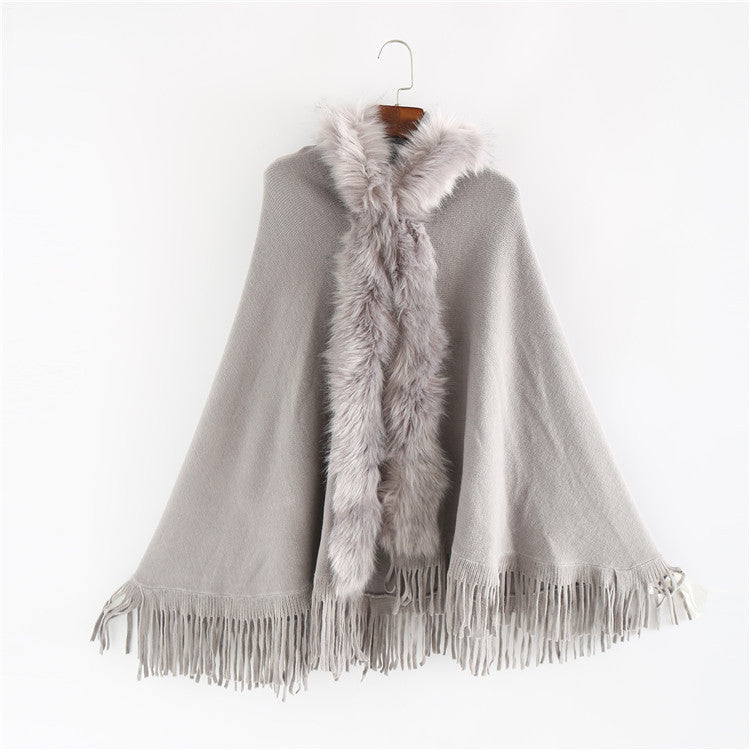 Damen Eleganter Wollmix-Umhangponcho mit abnehmbarem Kunstfellbesatz und Fransensaum Drune