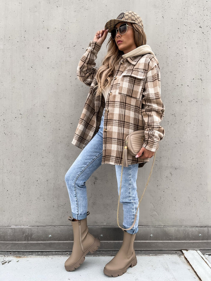 Drune | Plaid Shacket - Gebürstetes Wollmischungsgefühl - Alltägliche Übergangsschicht - Entspanntes Straßenstil