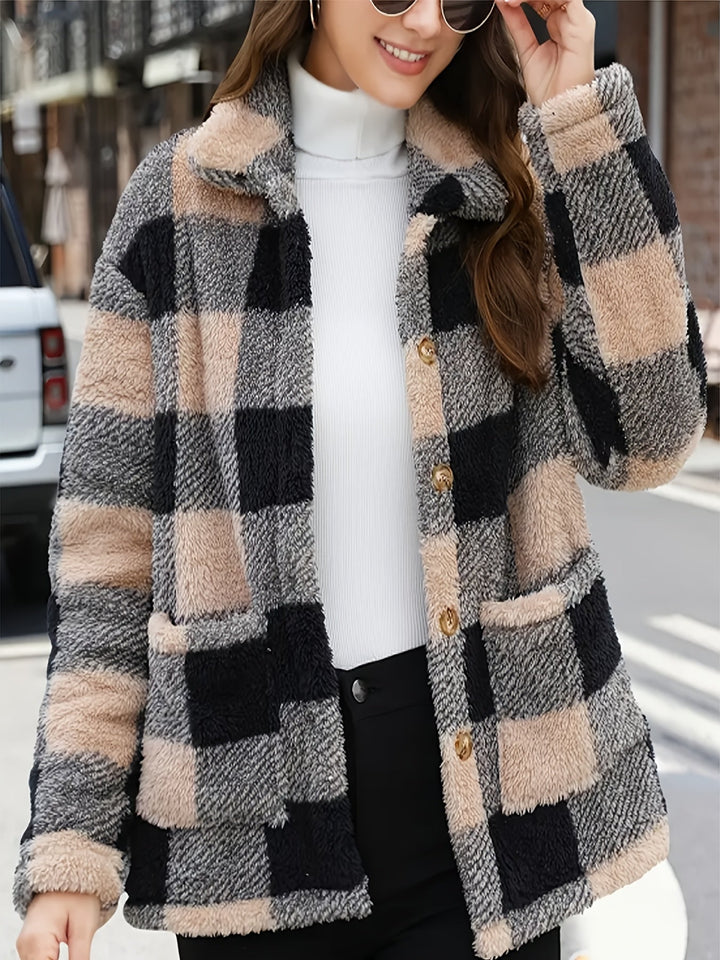 Drune | Gitter Teddyjacke mit Knöpfen und Taschen Polyester Warm und Stilvoll