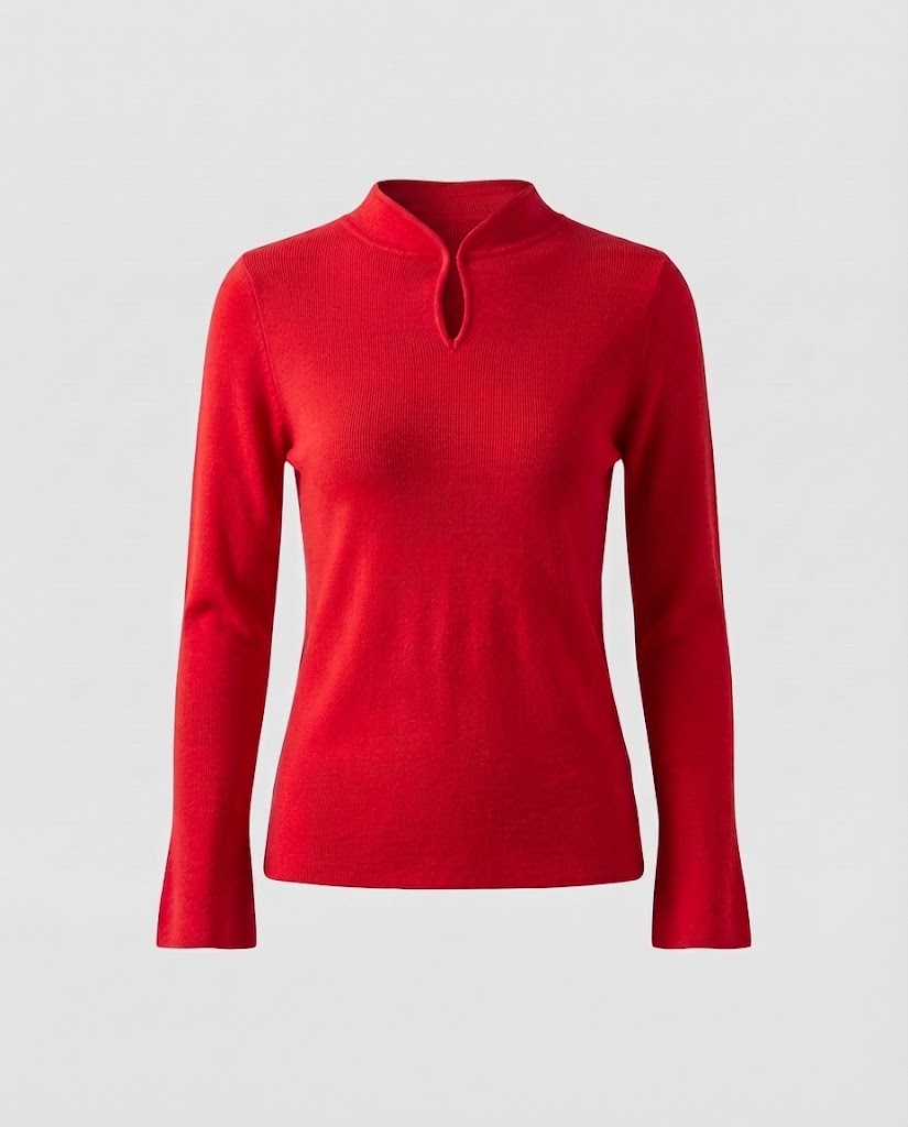 Damen Feinstrick-Longsleeve mit kurzem Stehkragen Schlitzknopf und ausgestelltem Ärmelsaum Drune