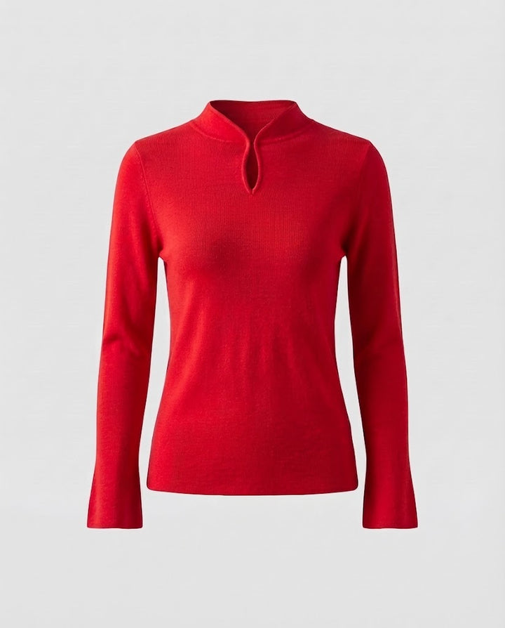 Damen Feinstrick-Longsleeve mit kurzem Stehkragen Schlitzknopf und ausgestelltem Ärmelsaum Drune
