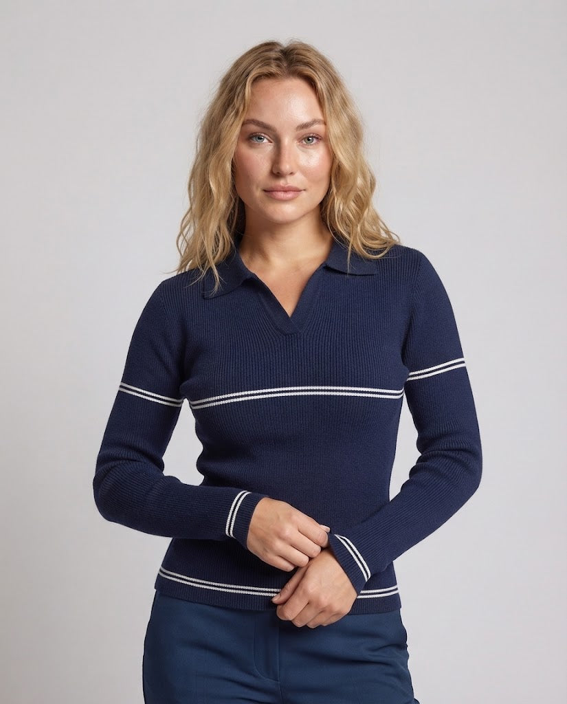 Damen Feinstrick-Polo mit Kontraststreifen und schmaler Rippstruktur Drune