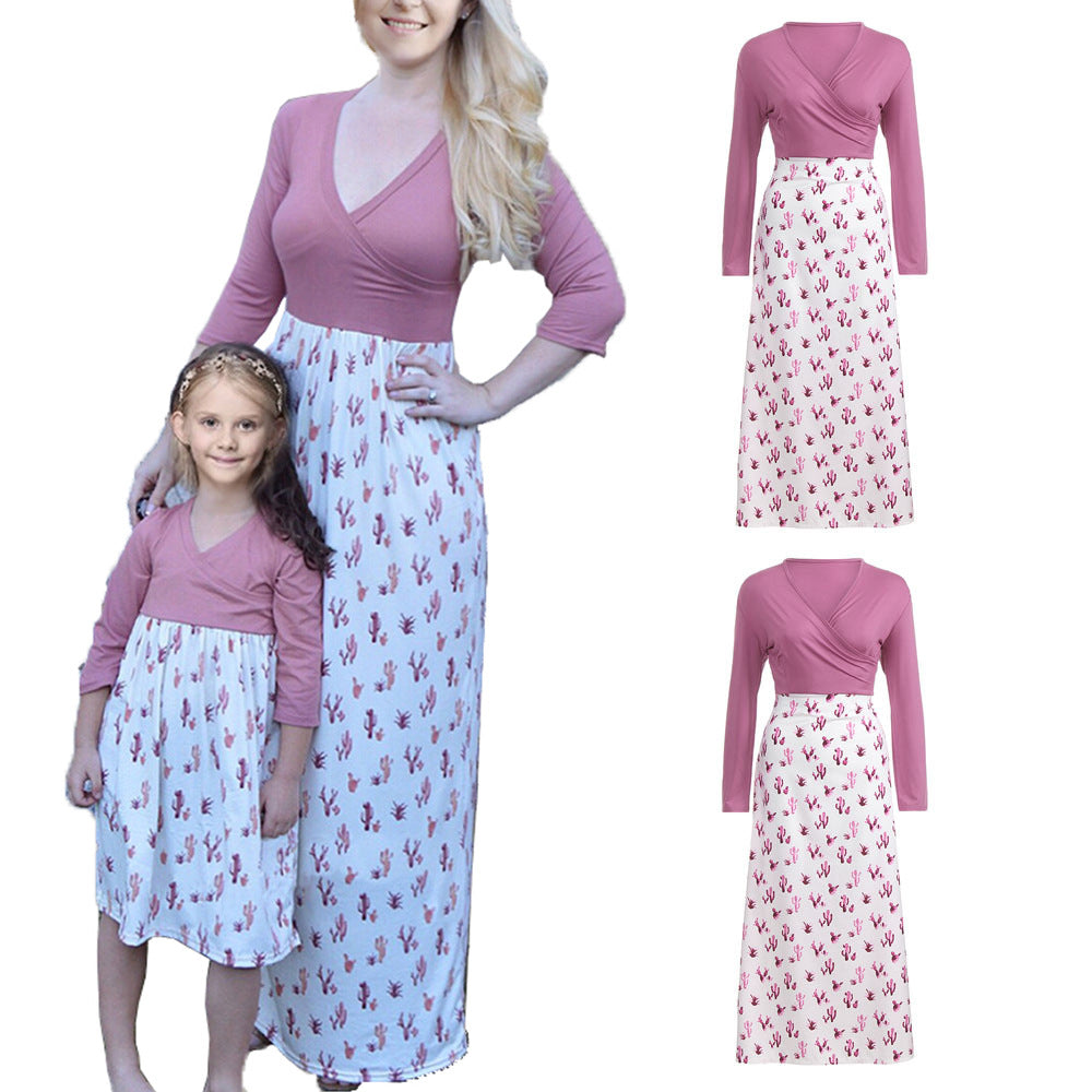 Damen Wickelkleid mit auffälligem Kaktusdruck und langen Ärmeln Drune