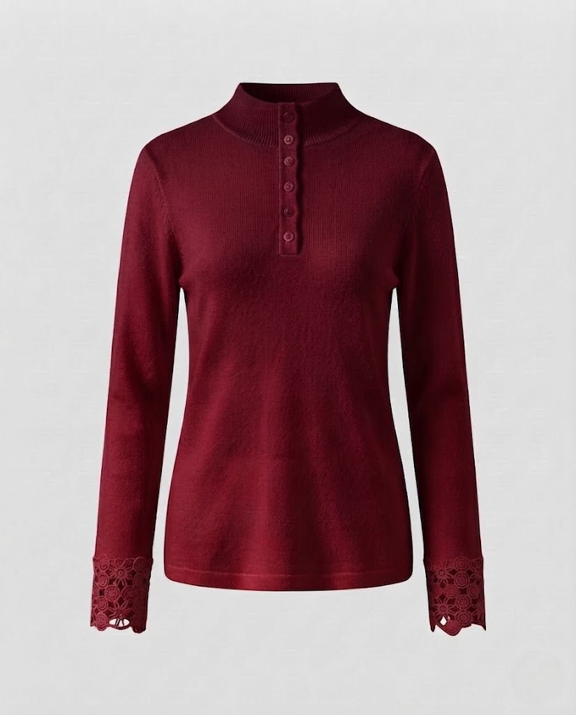 Damen Feiner Stehkragenpullover mit dekorativer Knopfleiste und Spitzenmanschetten Drune