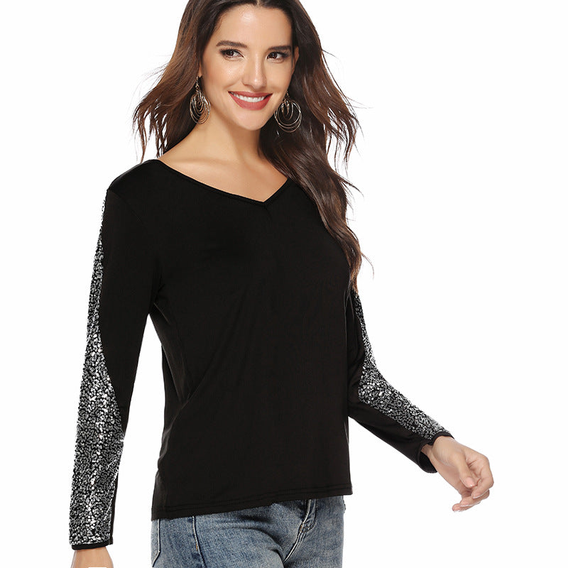 Damen V-Ausschnitt Langarmshirt mit Pailletten-Ärmeln Drune