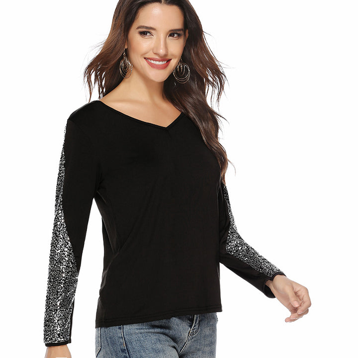 Damen V-Ausschnitt Langarmshirt mit Pailletten-Ärmeln Drune
