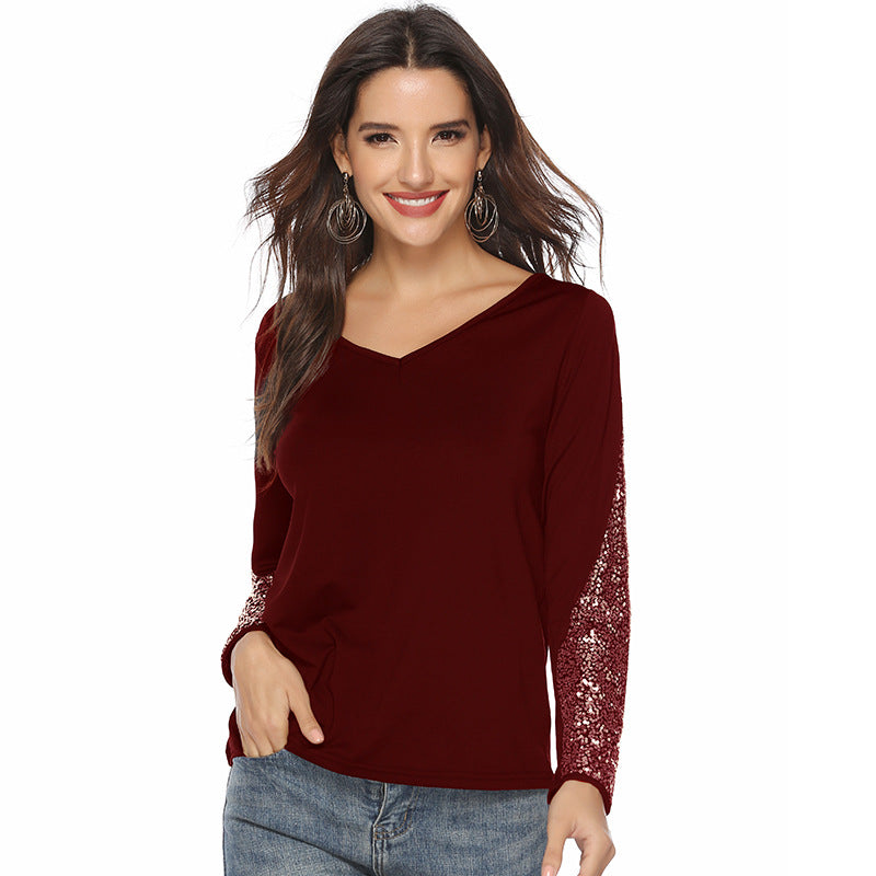 Damen V-Ausschnitt Langarmshirt mit Pailletten-Ärmeln Drune