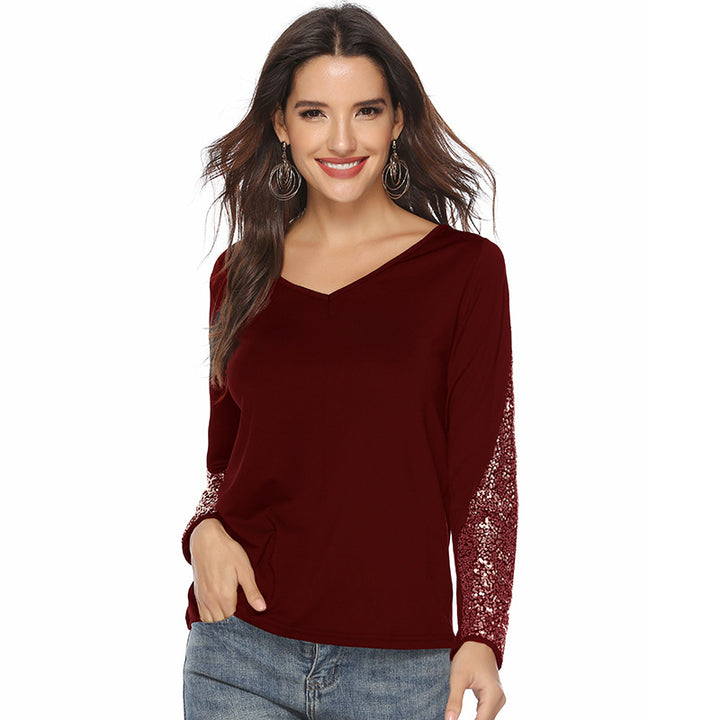 Damen V-Ausschnitt Langarmshirt mit Pailletten-Ärmeln Drune